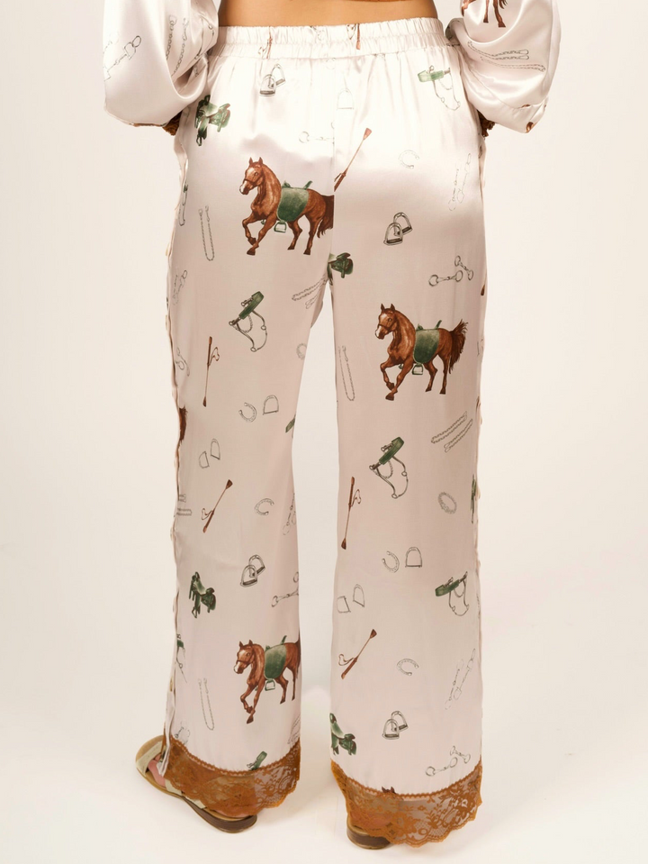 Stretch Satin Equestrian Print Pants with Lace Hem
