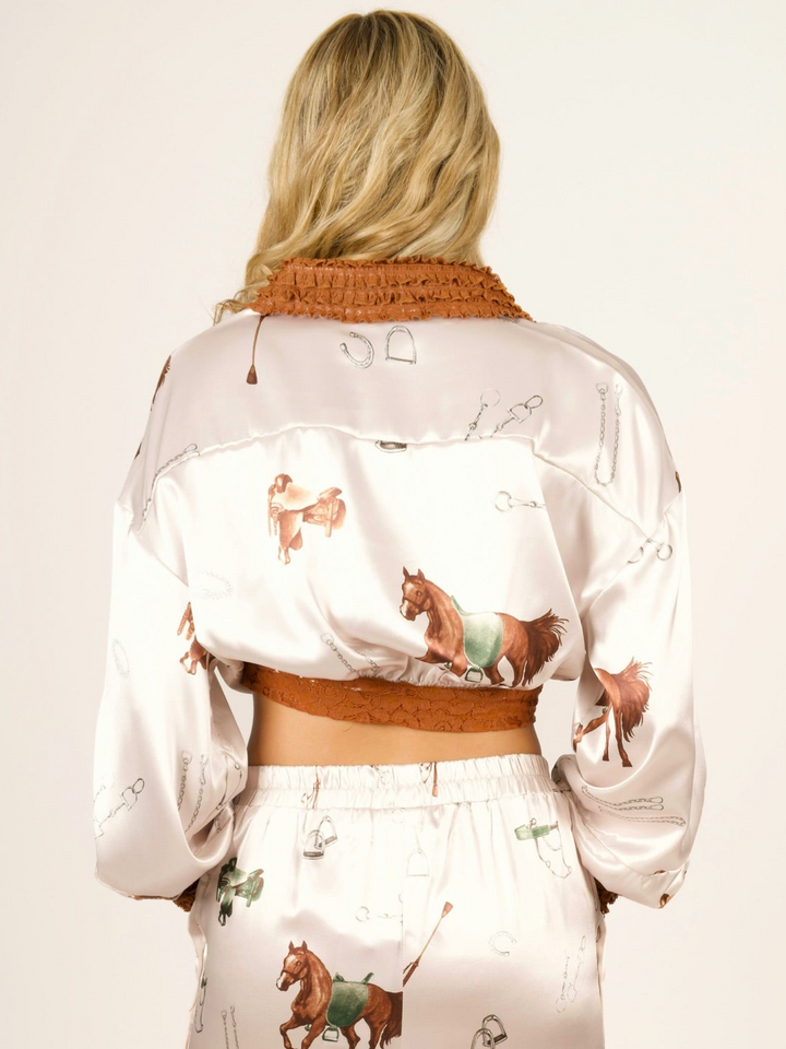 Equestrian Satin Button-Front Crop Top with Wrap Tie