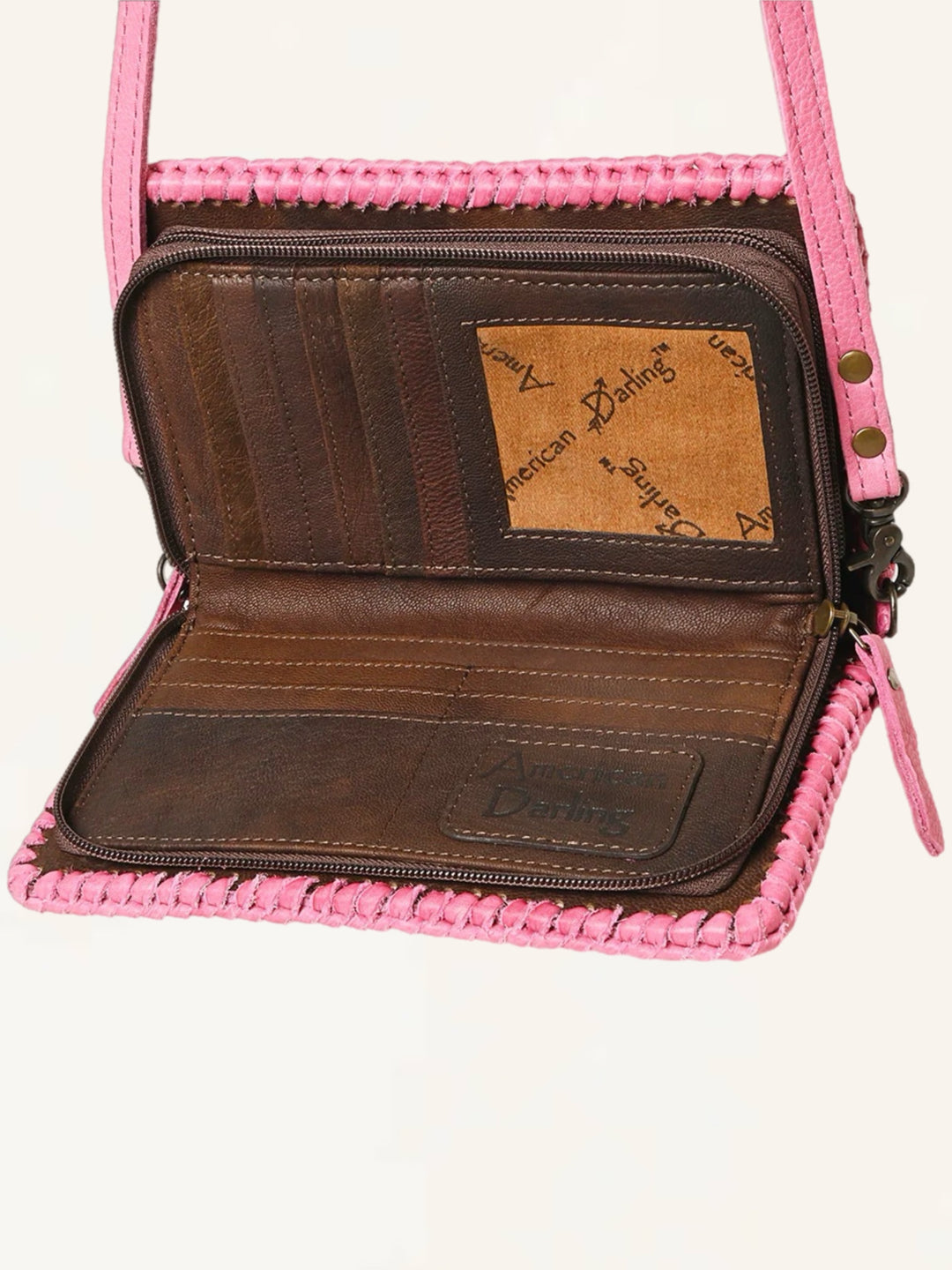 Pink Hand Tooled Leather Crossbody Clutch Wallet Bag