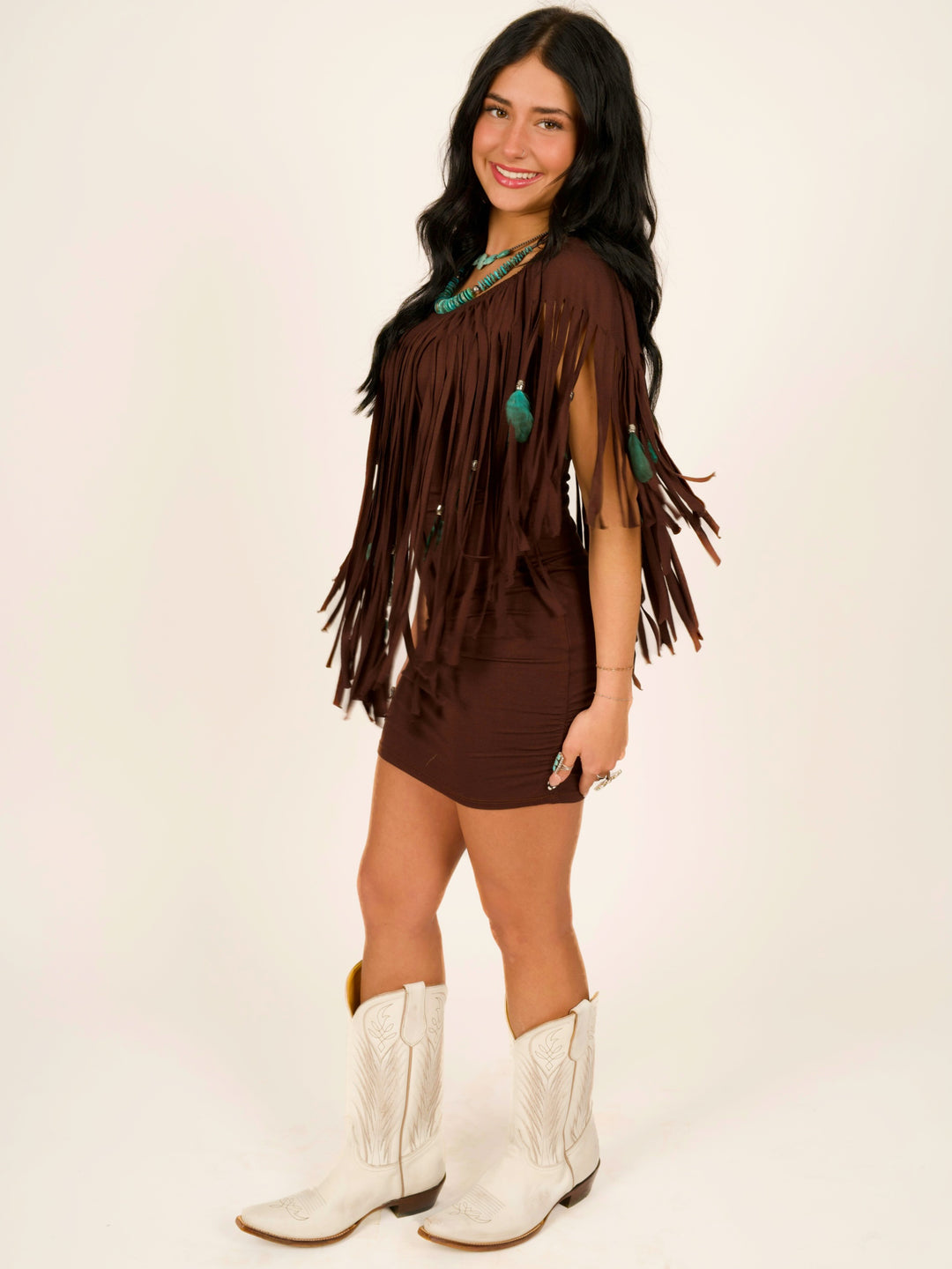 Feather & Fringe Peasant Body-con Mini Dress