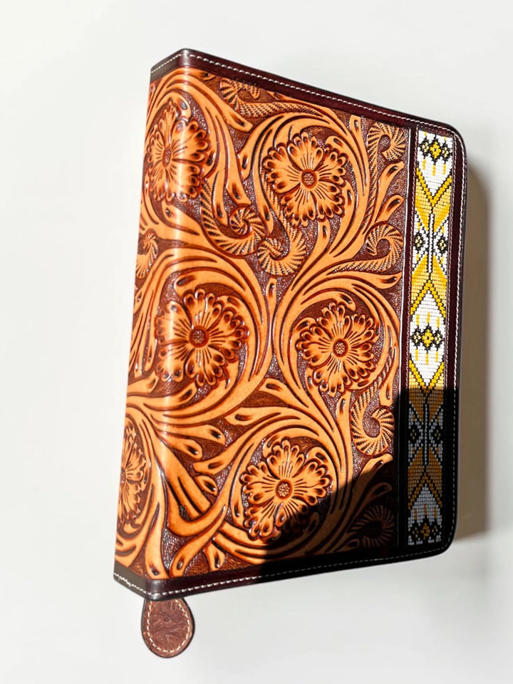 Yellow Aztec Tooled Leather Bible Cover