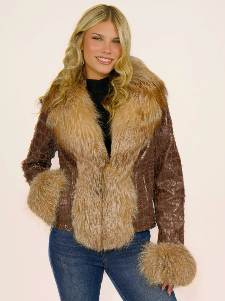 Sparkling Croc & Fox Fur Leather Jacket
