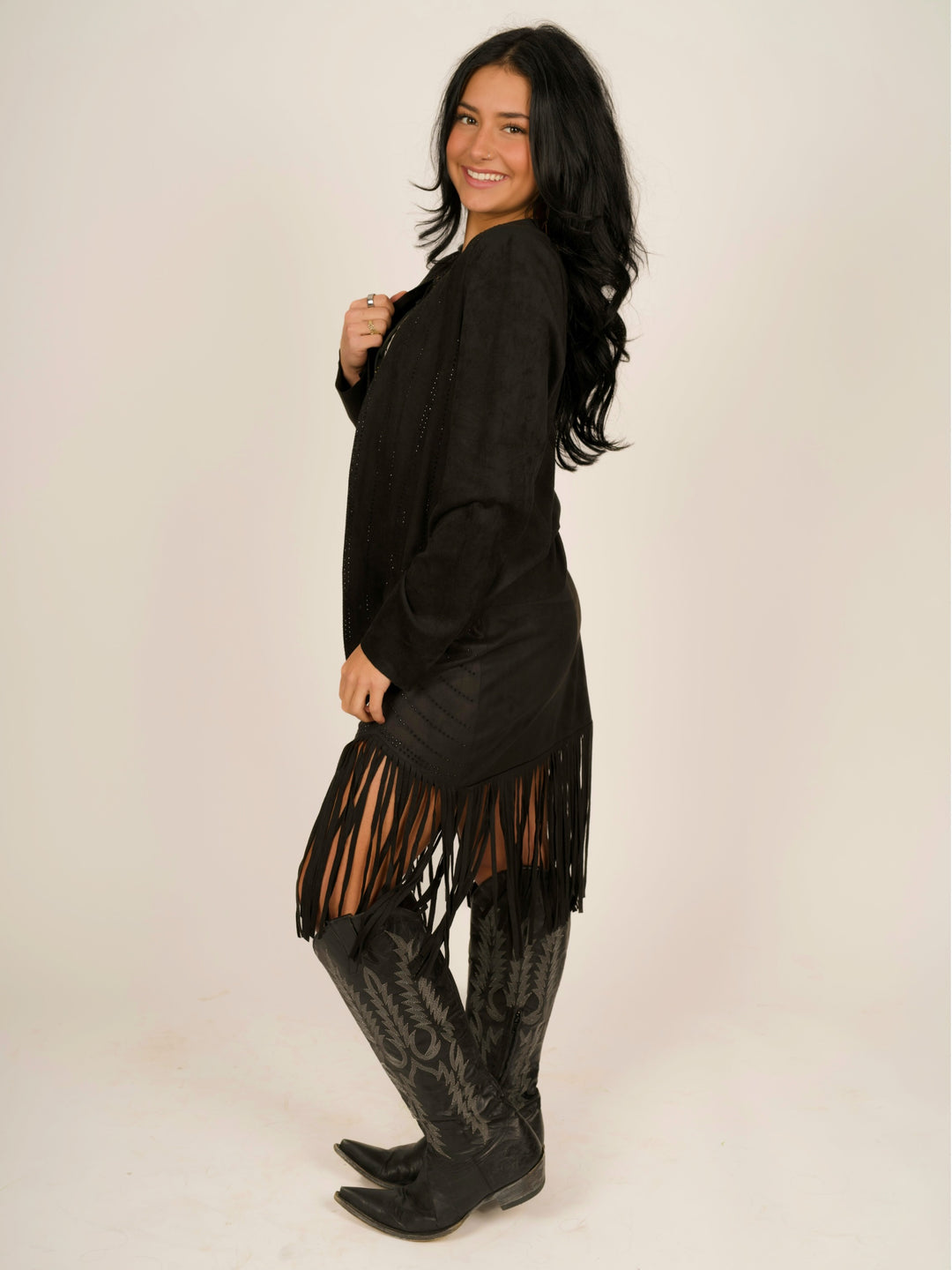 Black Suede Open-Front Jacket with Laser-Cut & Rhinestone Detail