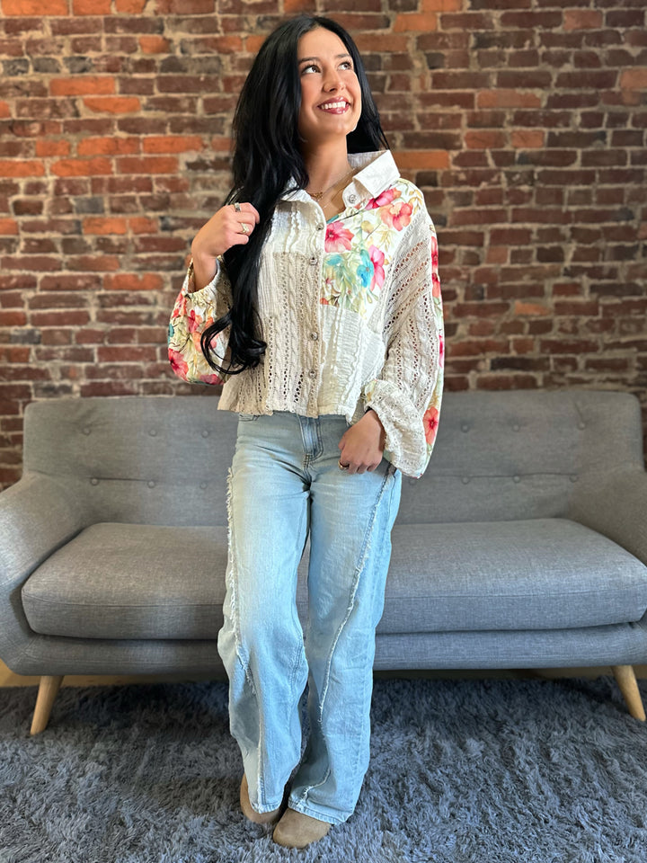 POL Mixed Bloom Floral Crochet Button Up