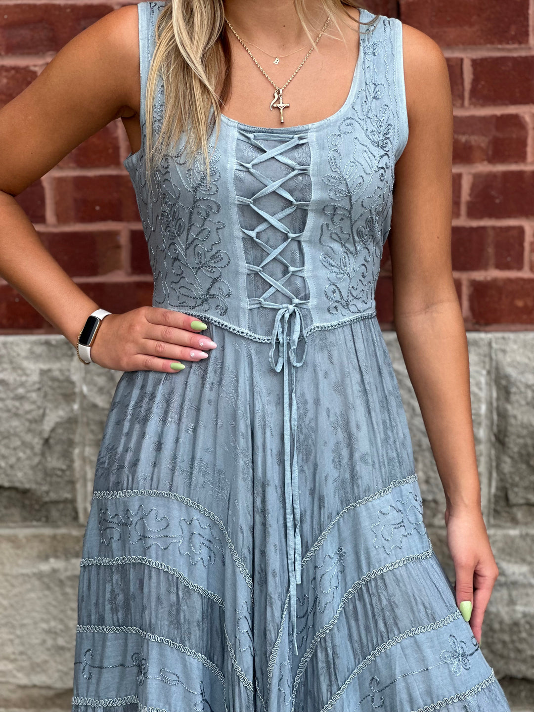 Ash Grey Lace Up Front Tiered Midi Dress