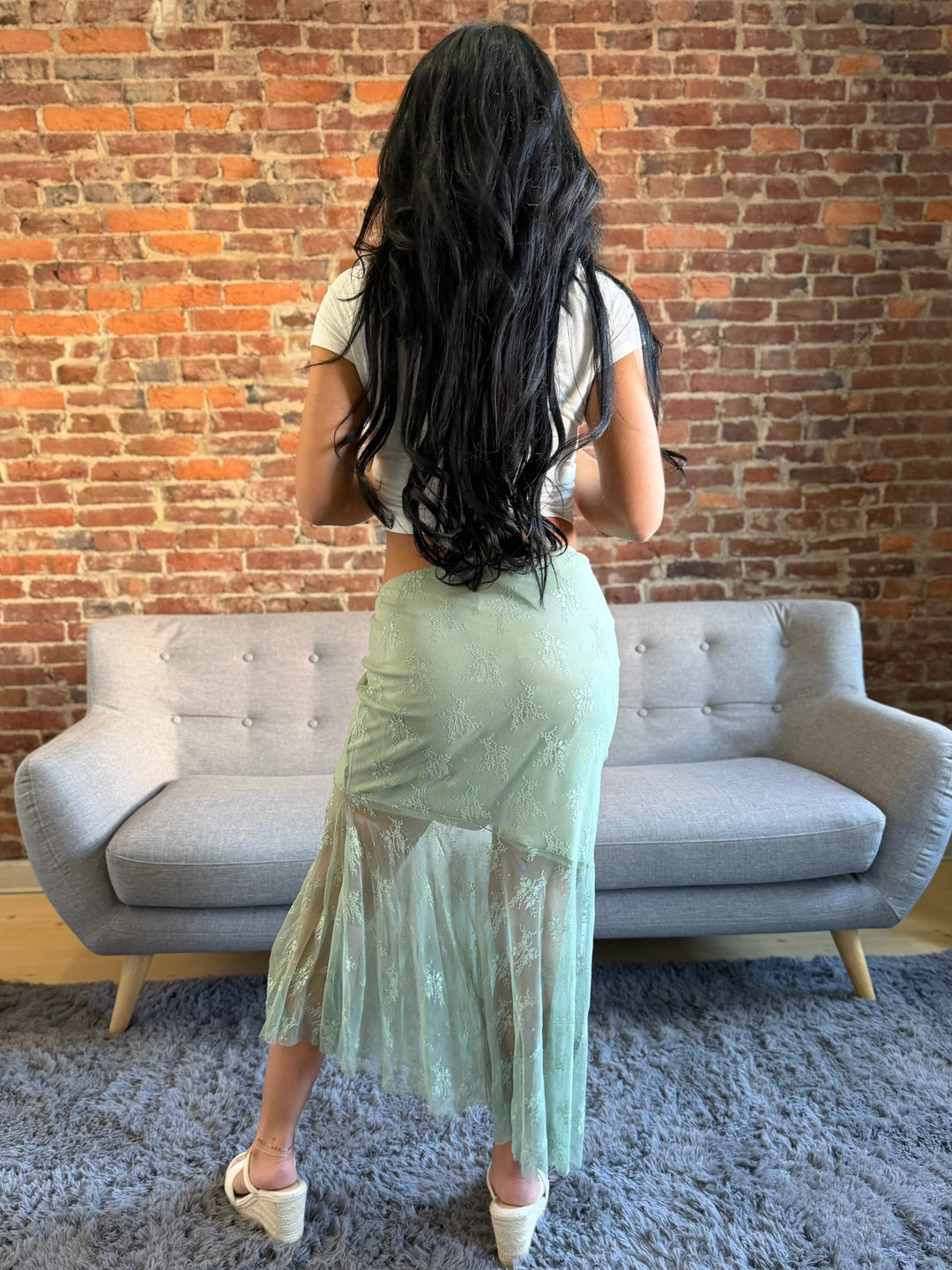 Sage Asymmetrical Lace Slip MIDI Skirt