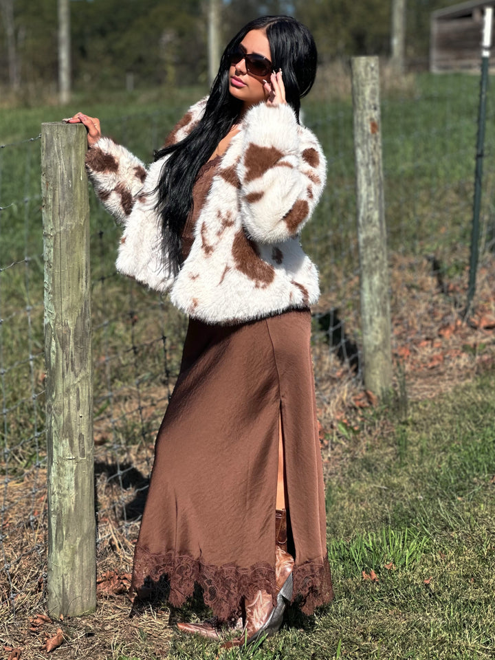 Faux Fur Cow Print Cropped Jacket