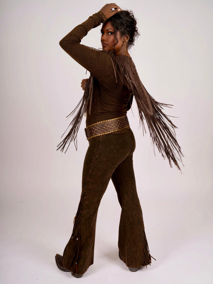 Handcrafted Chocolate Suede Shoulder Fringe Collar by Pat Dahnke