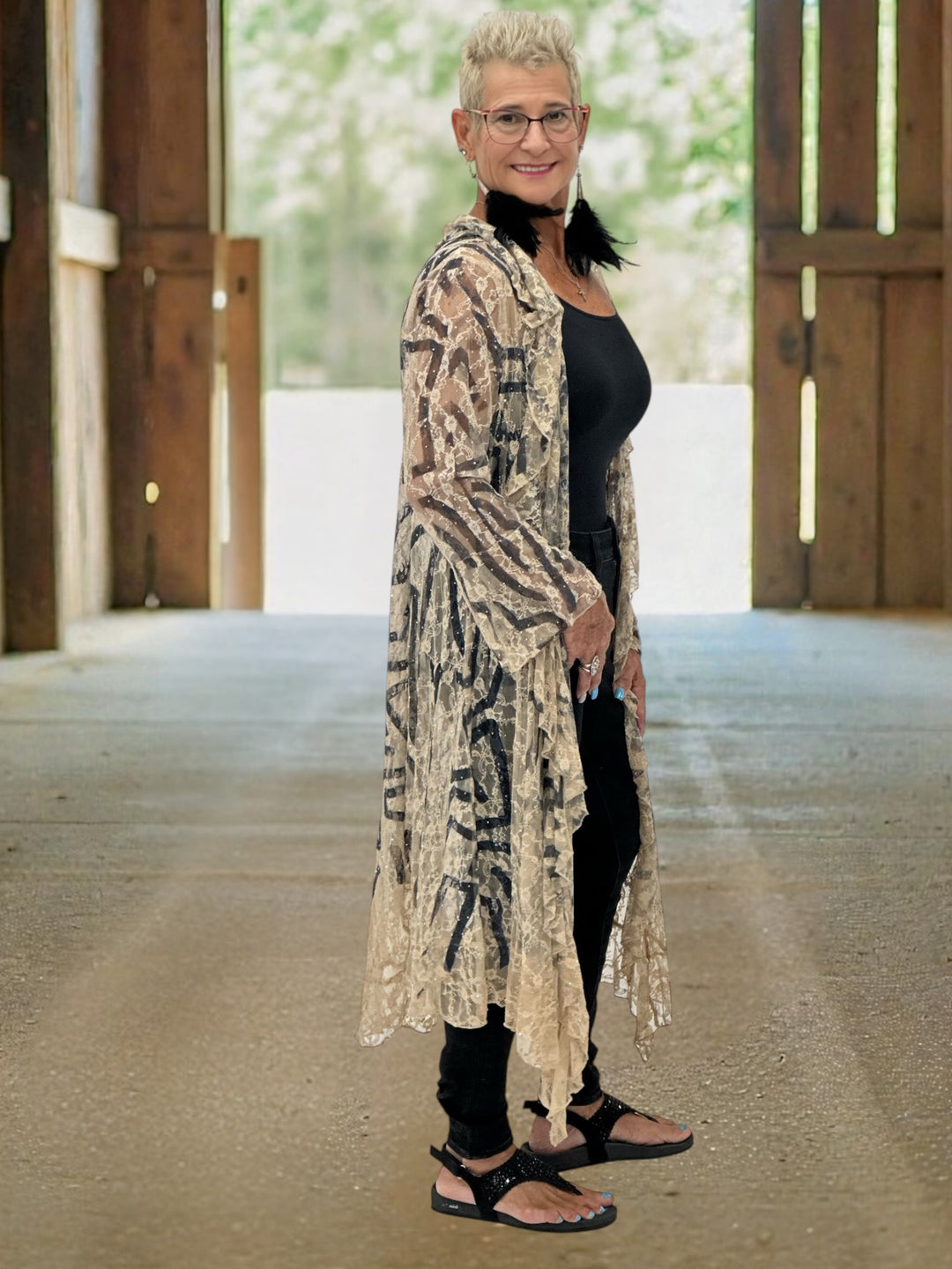 Rhinestone Black & Cream Lace Duster