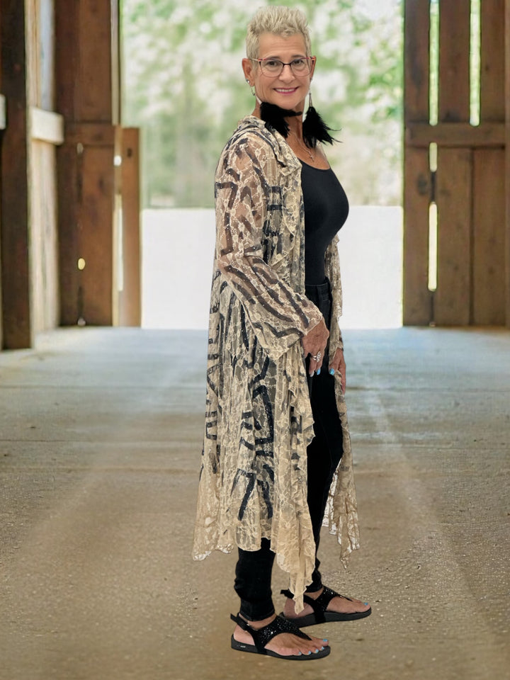 Rhinestone Black & Cream Lace Duster