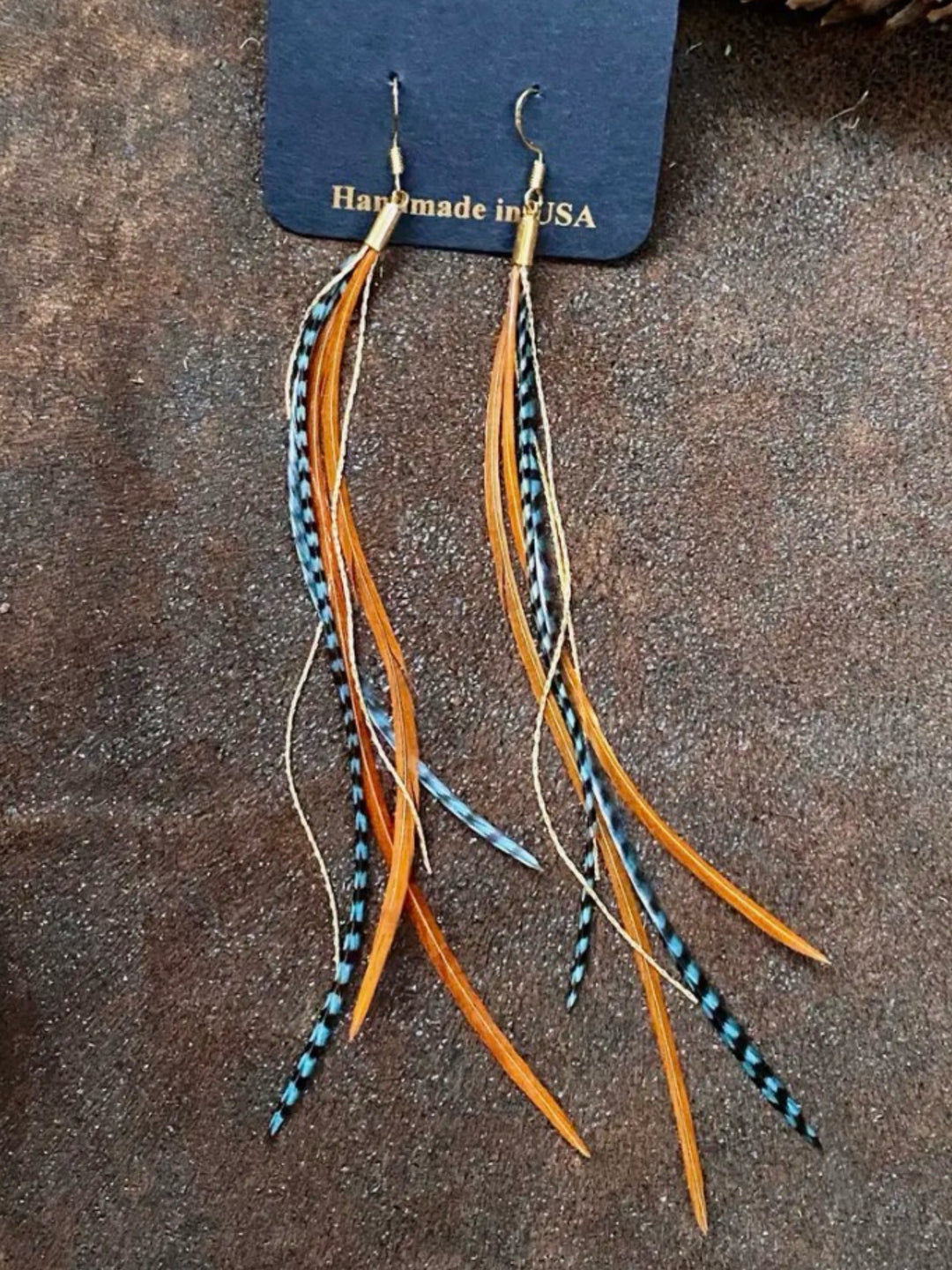Handcrafted Teal & Fawn Mini Feather Dangle Earrings