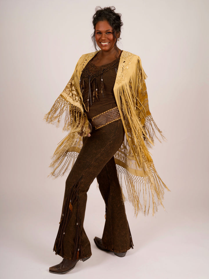 Handcrafted Palomino Deerskin Leather Shoulder Fringe Collar by Pat Dahnke
