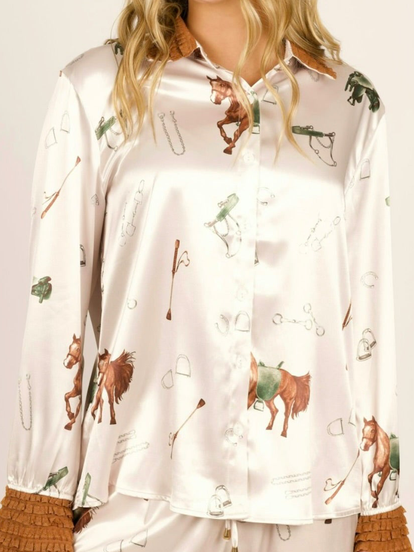 Equestrian Satin Button Down Blouse