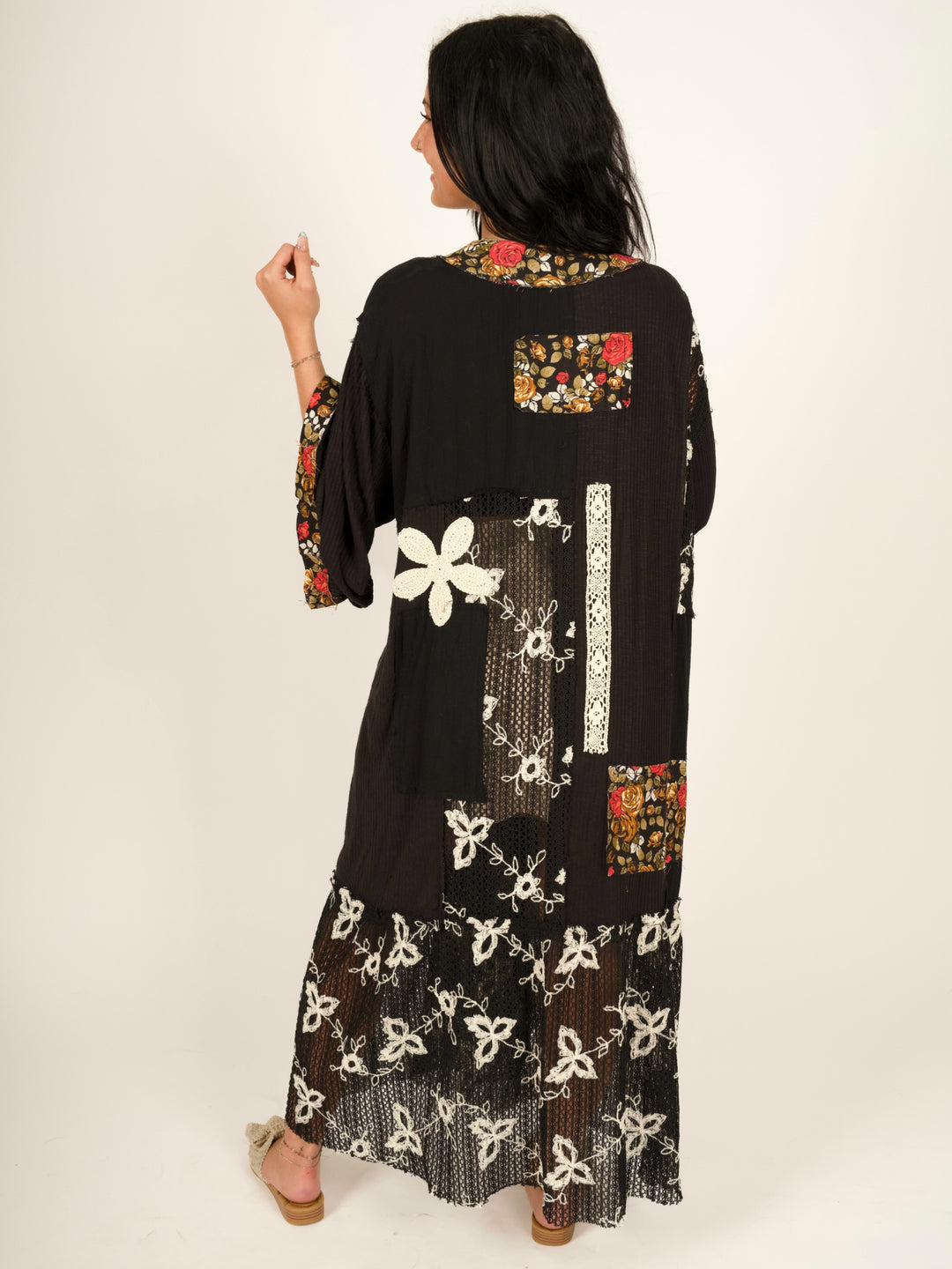 POL Oversized Boho Cardigan - Black Crochet Lace Patch Duster