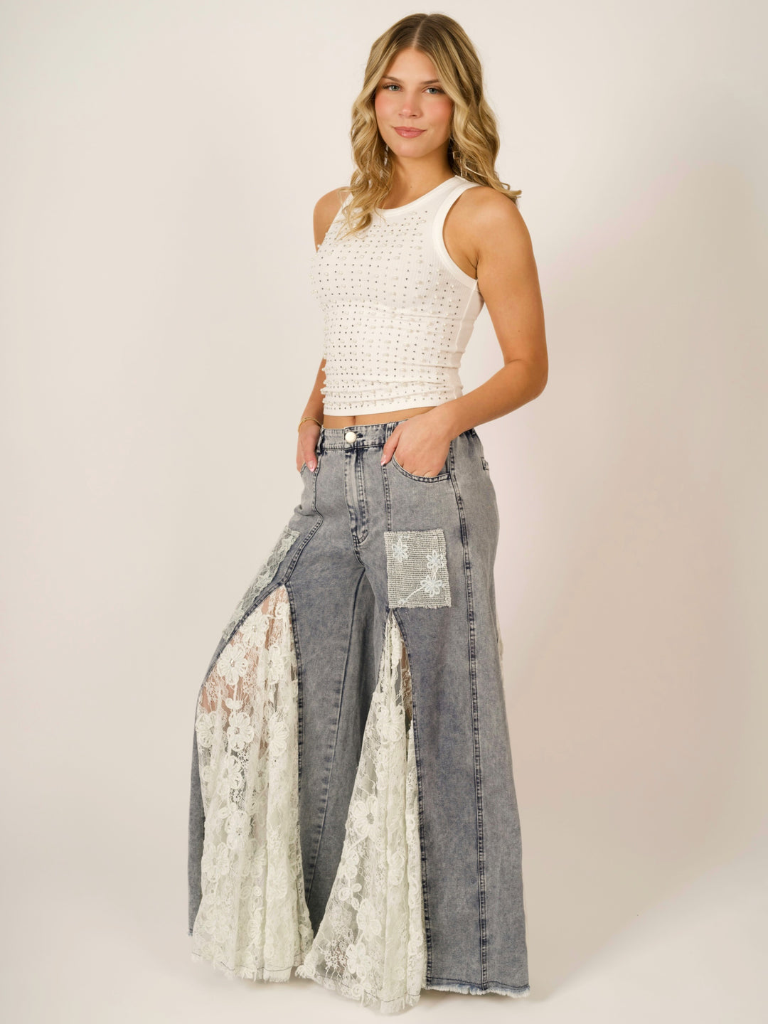 Indie Romantic Boho Lace Ruffle Wide Leg Denim Pants