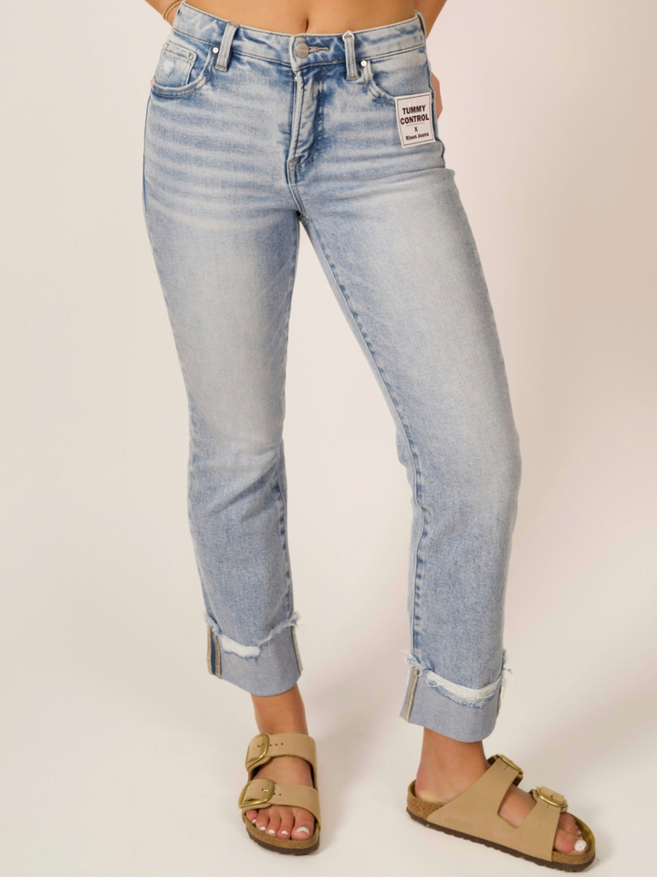 Risen Tummy Control Crop Straight Cuffed Jeans