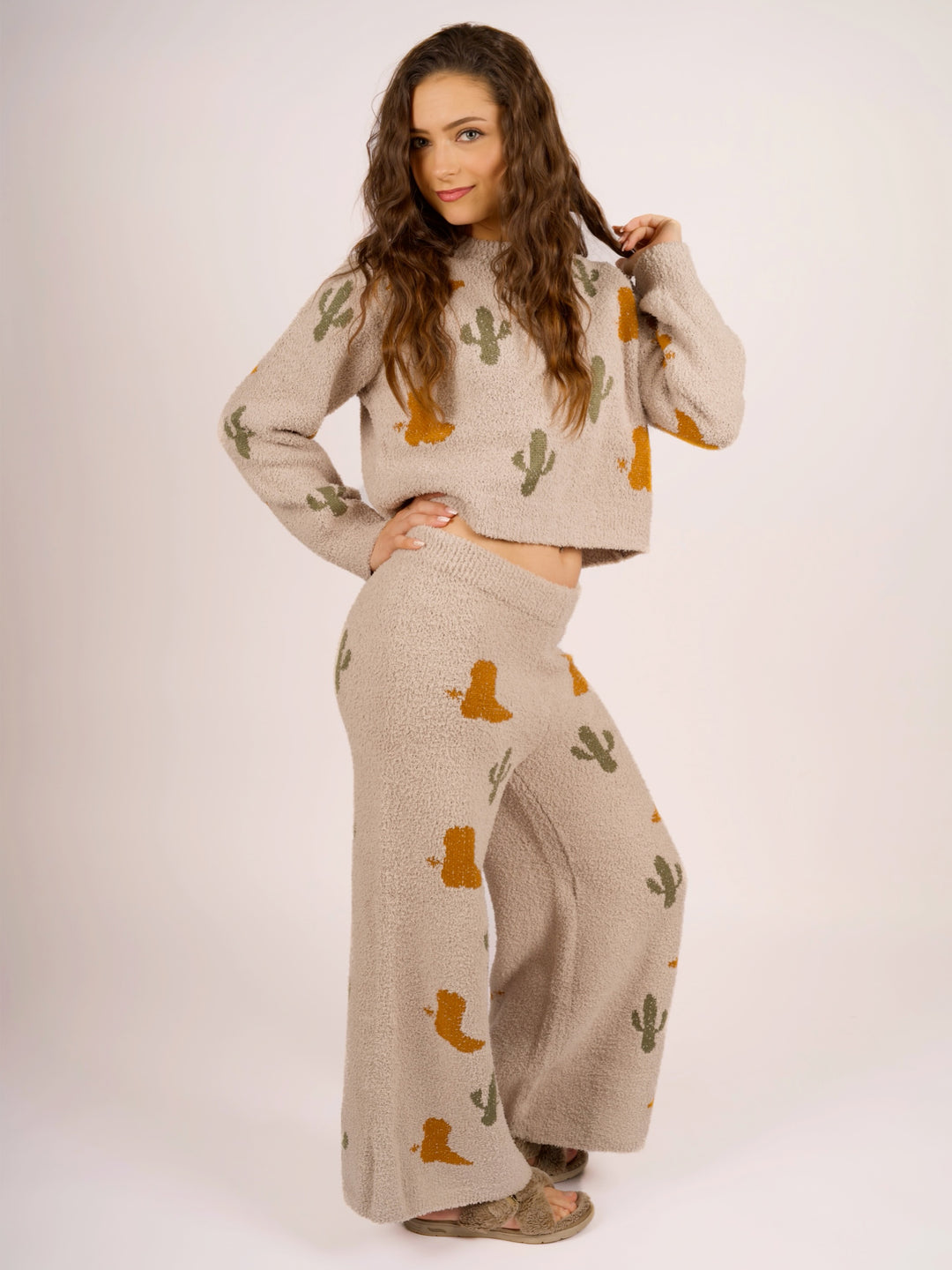 Southwest Cactus Western Knit Loungewear Set for Women
