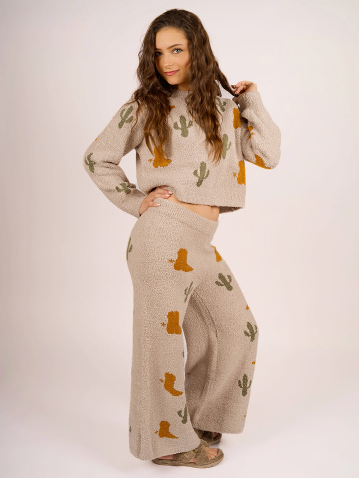 Southwest Cactus Western Knit Loungewear Set for Women