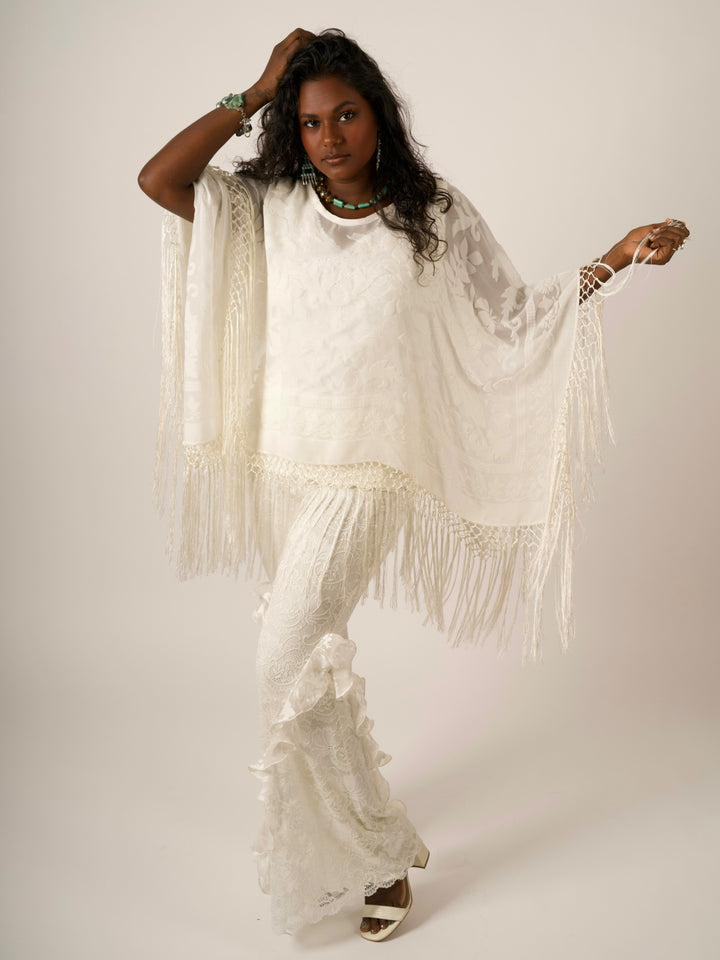 Pat Dahnke Ivory Burnout Fringe Poncho