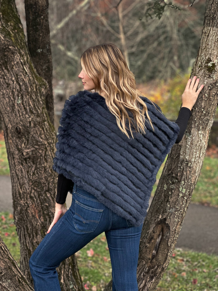 Navy Knitted Rabbit Fur Poncho