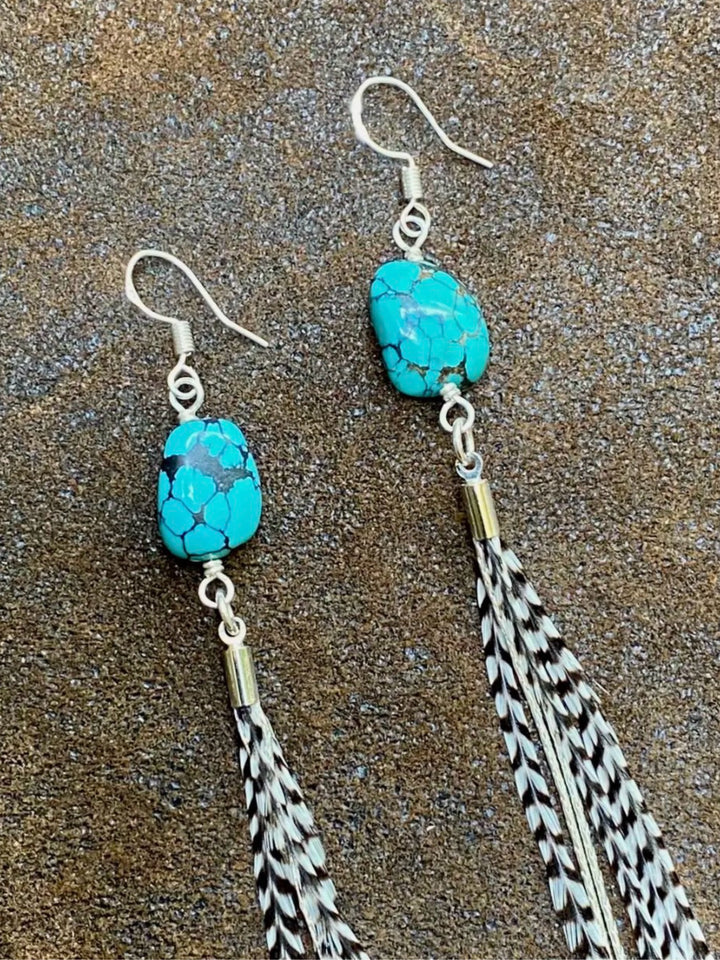 Silver Mini Feather & Turquoise Dangle Earrings