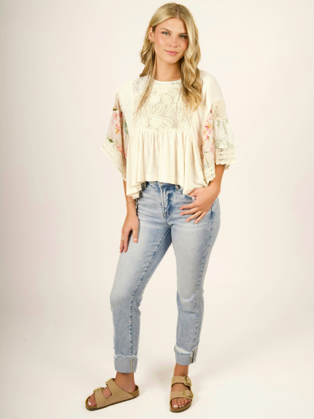 POL Vintage Bloom Ribbed Floral Boho Top