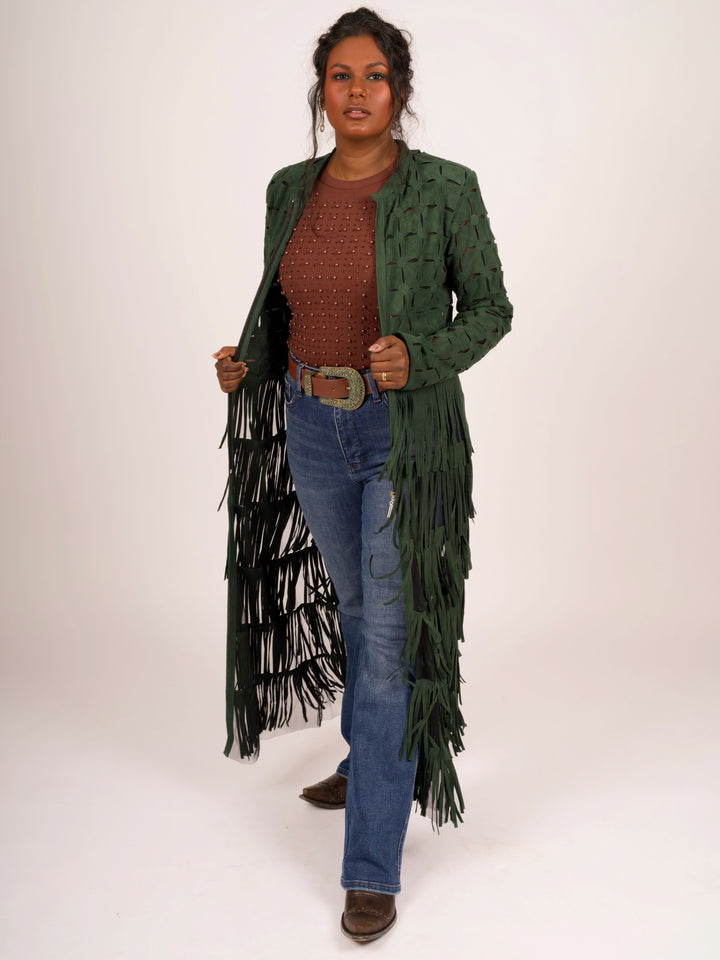 Genuine Suede Leather Laser-Cut Fringe Duster Jacket