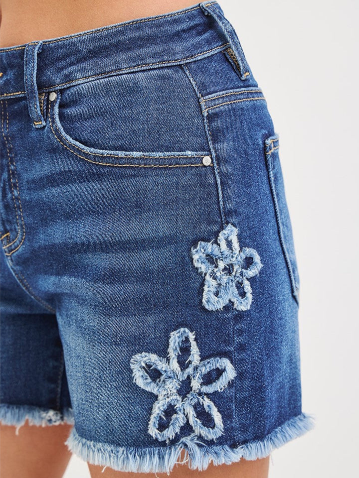RISEN High-Rise Flower Patch Denim Shorts