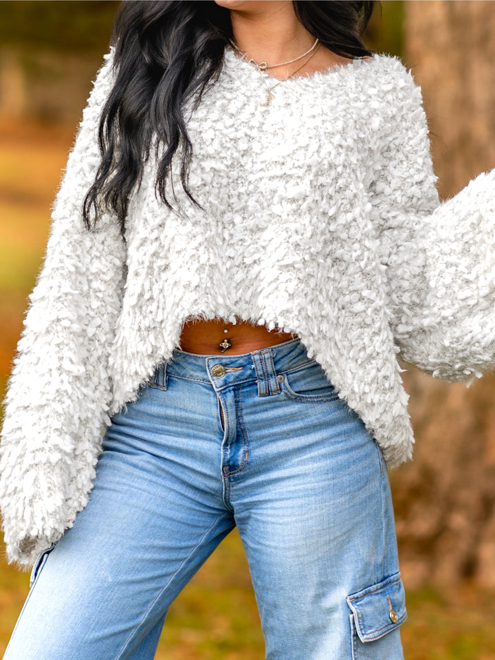 Oversized V-Neck Fuzzy Knit Cropped Sweater