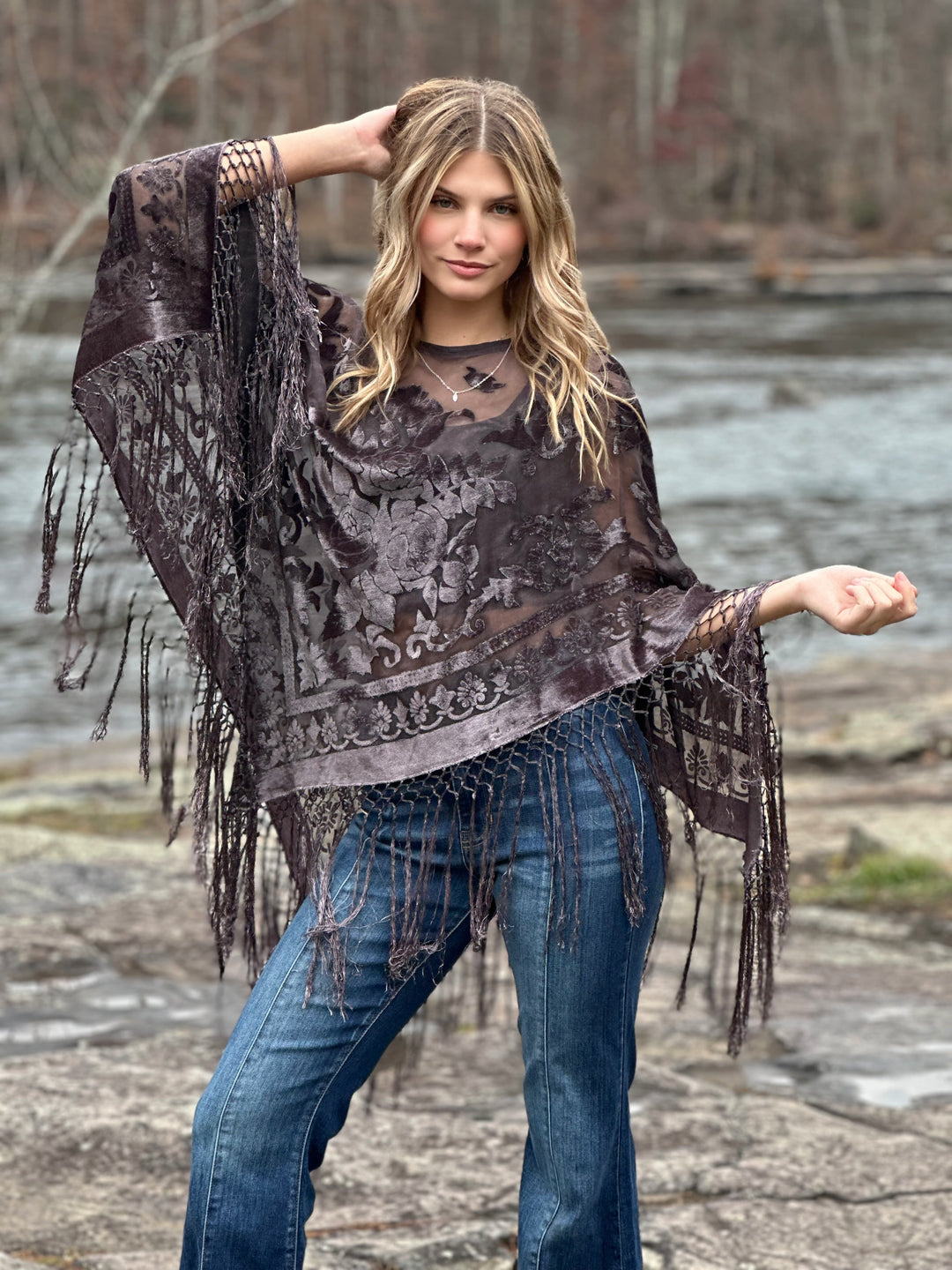 Burnout Velvet Poncho with Fringe