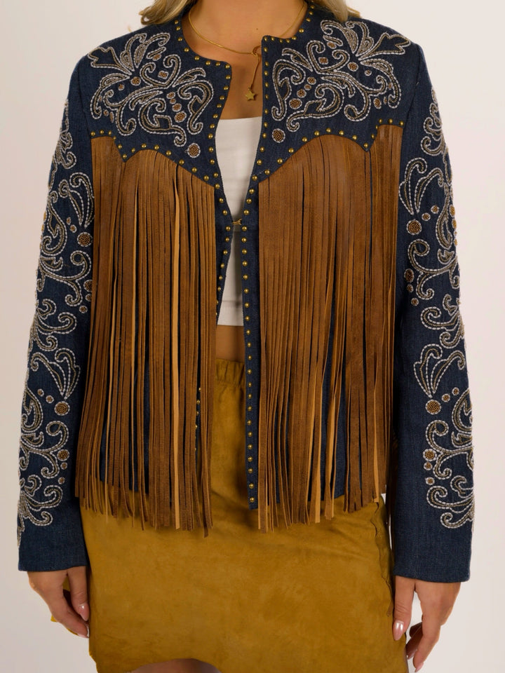 Western Cowgirl Embroidered Leather Fringe Jacket