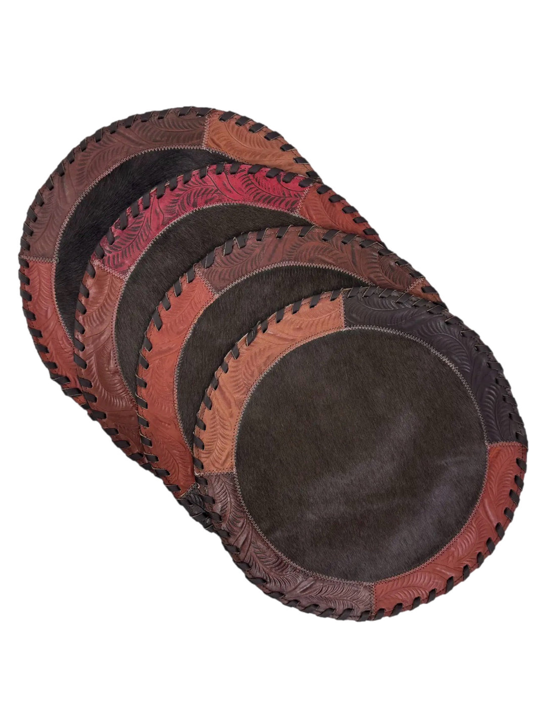 13” Round Leather Trim Cowhide Placemats