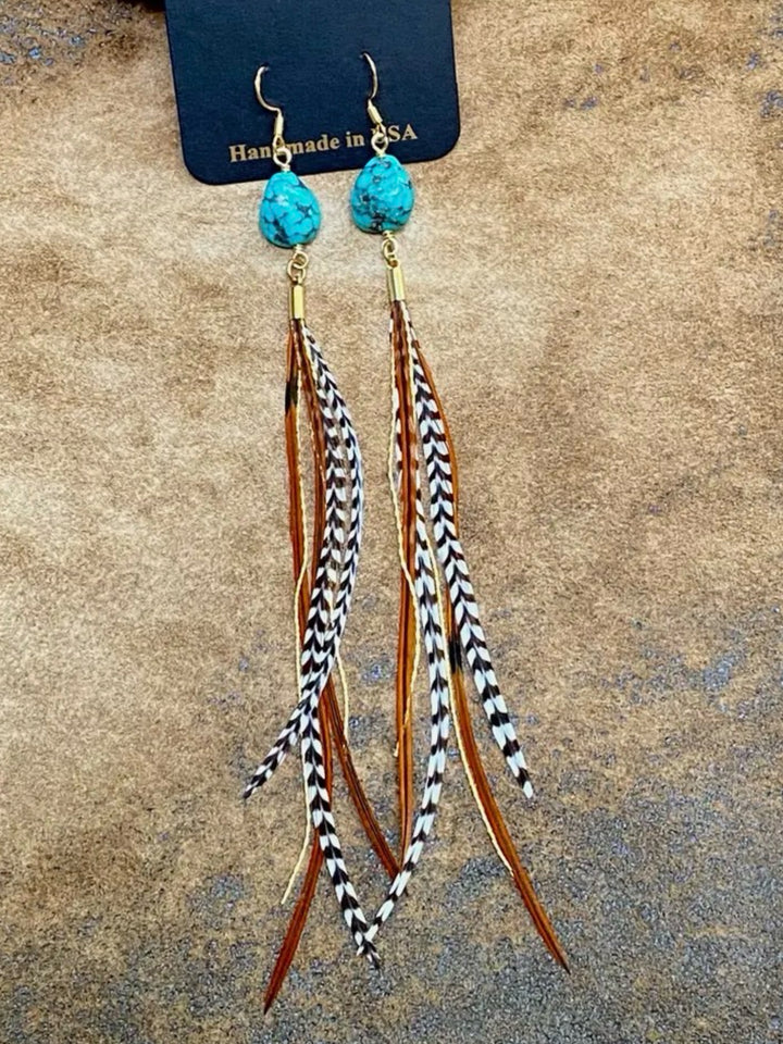 Handcrafted Turquoise & Mini Feather Statement Earrings