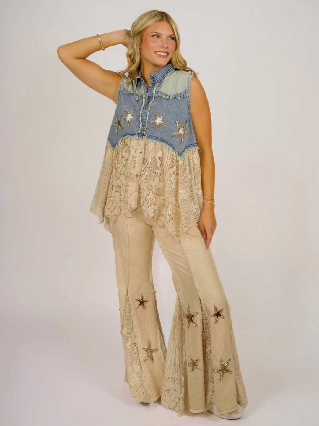 Boho Glam Rhinestone Star Denim and Lace Vest