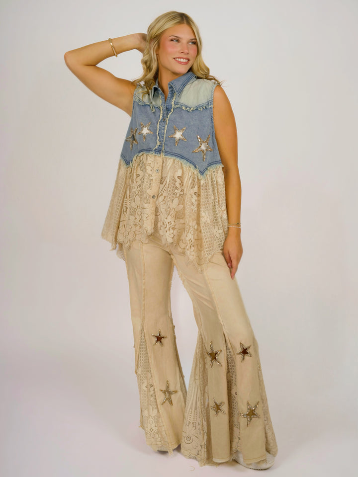 Boho Glam Rhinestone Star Denim and Lace Vest
