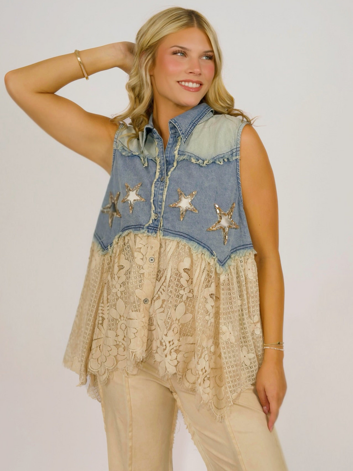 Boho Glam Rhinestone Star Denim and Lace Vest
