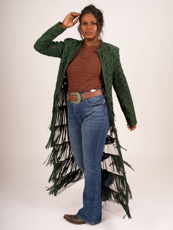 Genuine Suede Leather Laser-Cut Fringe Duster Jacket