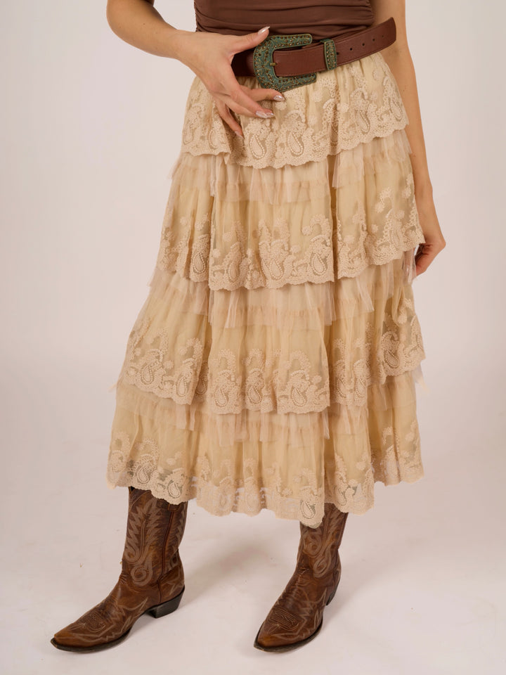 Romantic Vintage Lace Mesh Boho Midi Skirt
