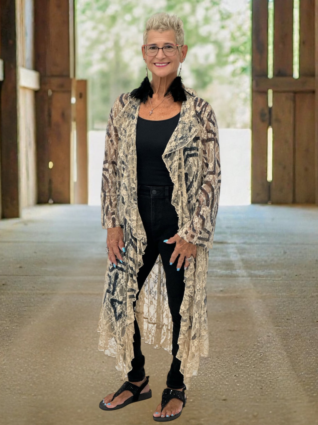 Rhinestone Black & Cream Lace Duster