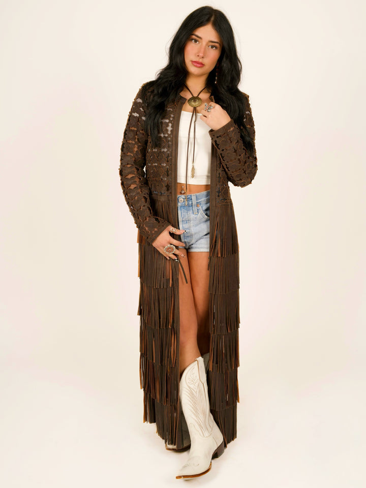 Italian Leather Laser-Cut Fringe Duster Jacket