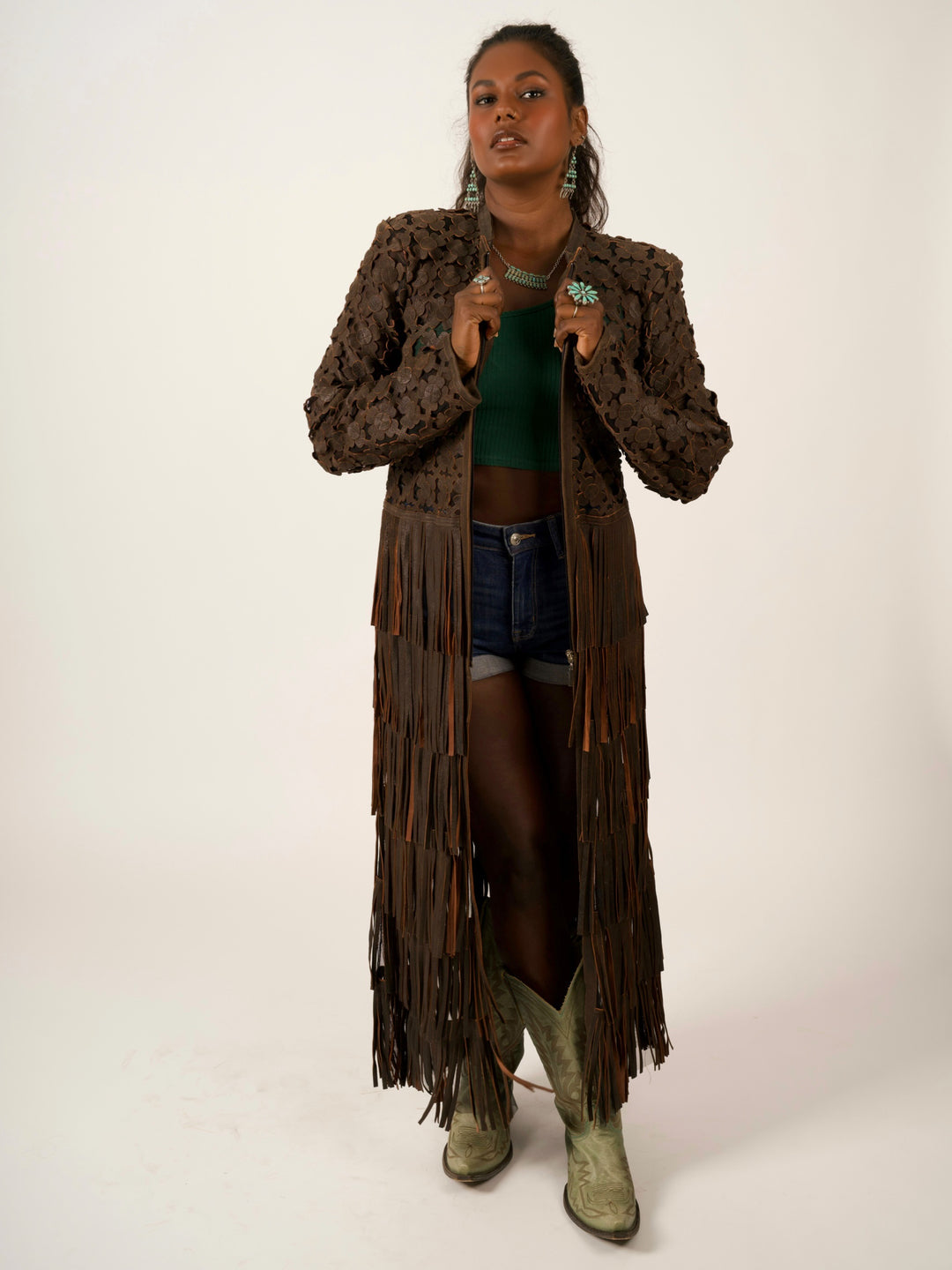 Italian Leather Laser-Cut Fringe Duster Jacket