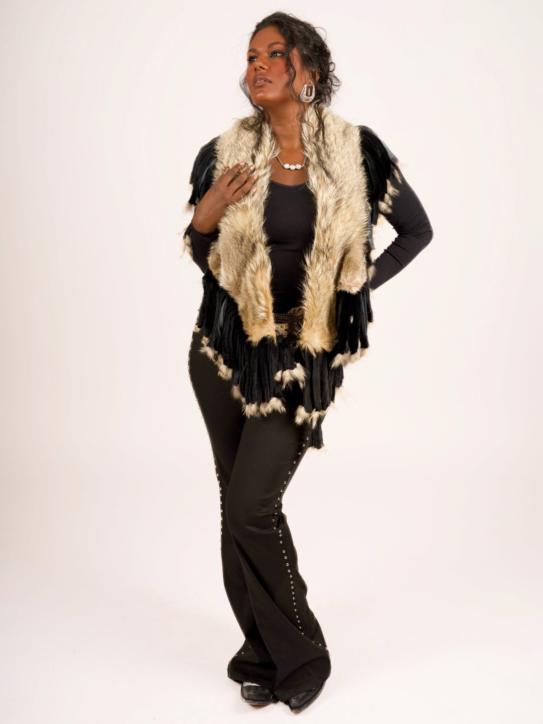 Natural Coyote Fur Collar with Rabbit Fur Fringe