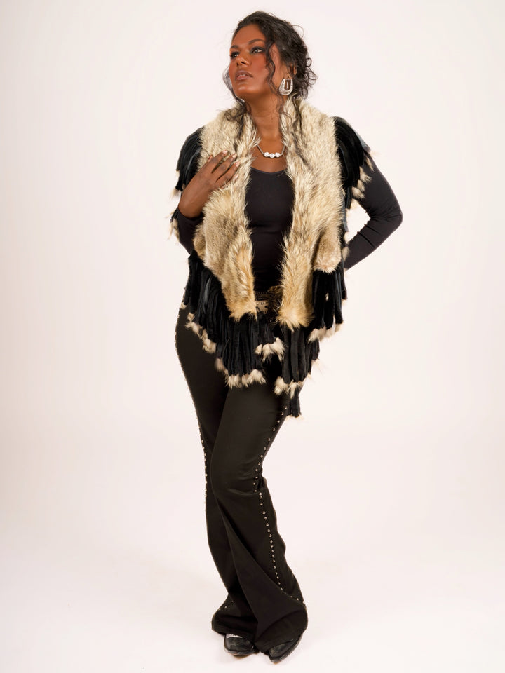 Natural Coyote Fur Collar with Rabbit Fur Fringe