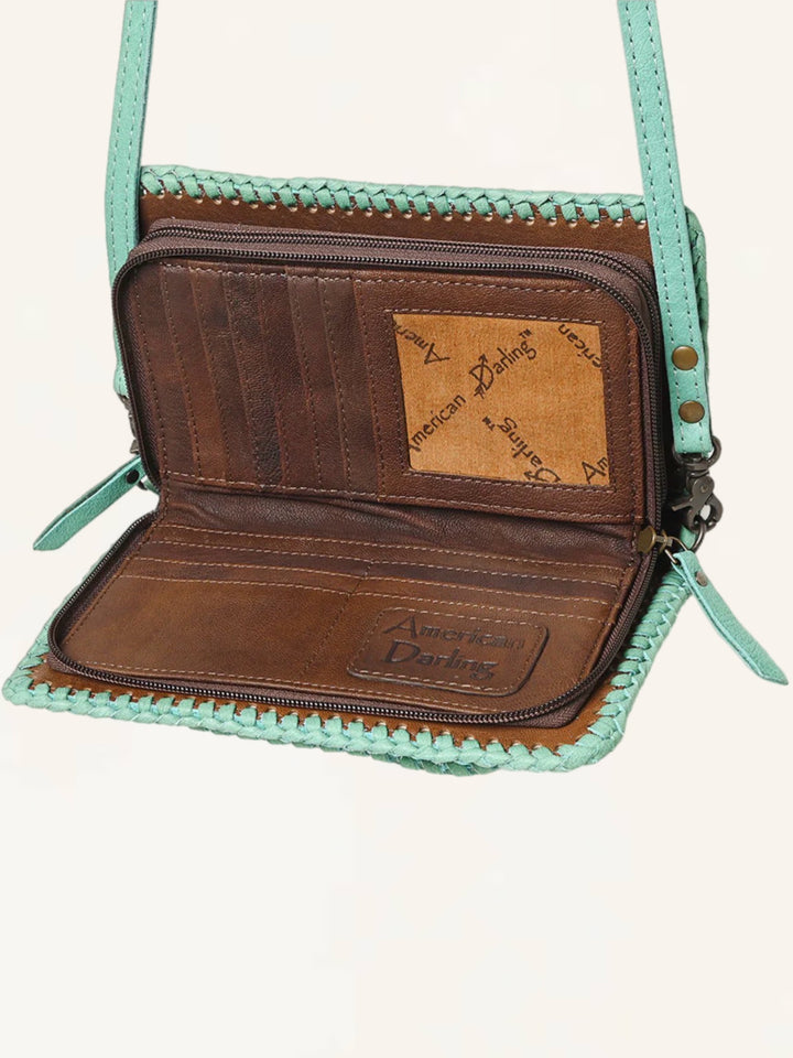 Turquoise Hand Tooled Leather Crossbody Clutch Wallet Bag