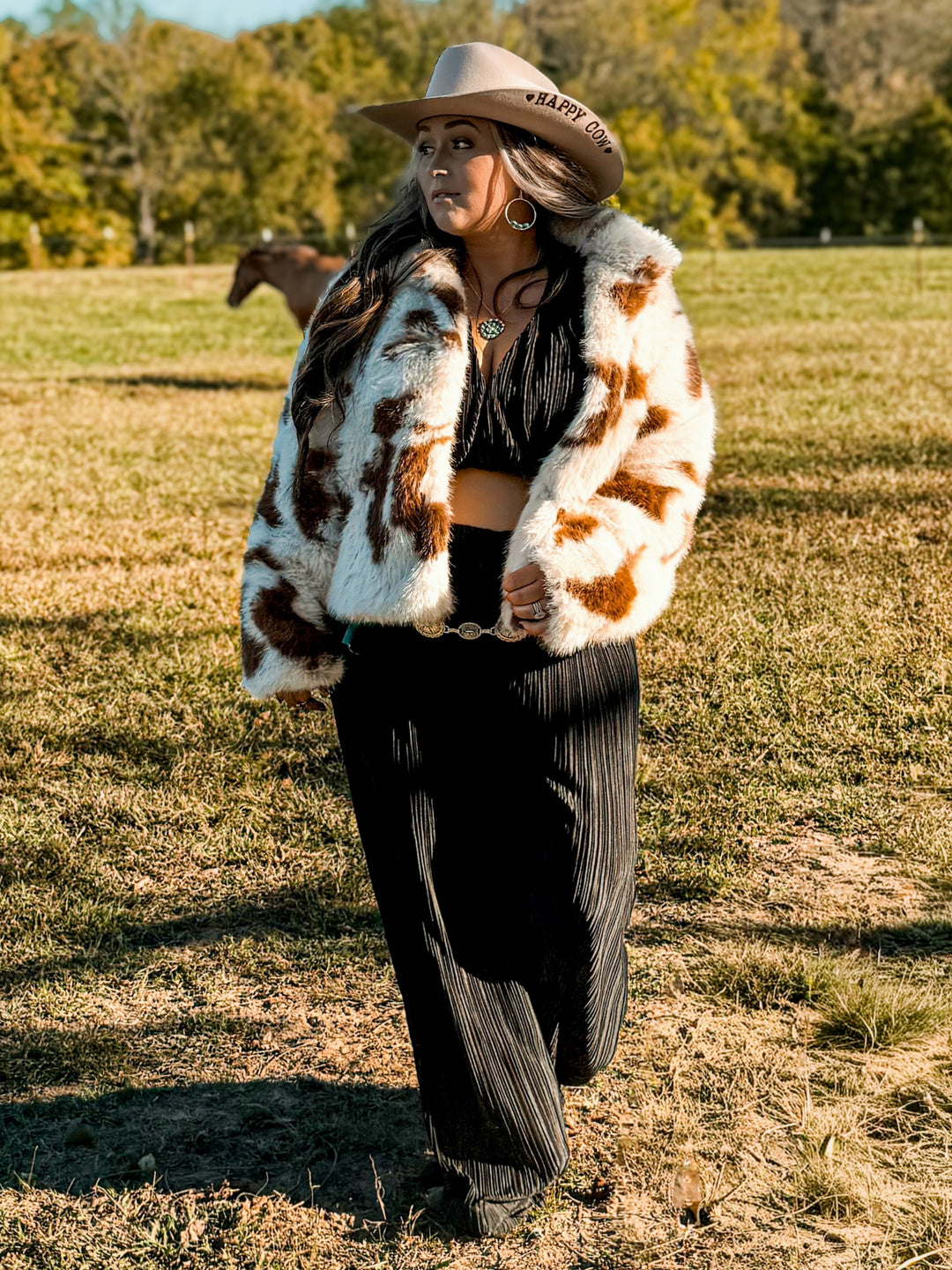 Faux Fur Cow Print Cropped Jacket