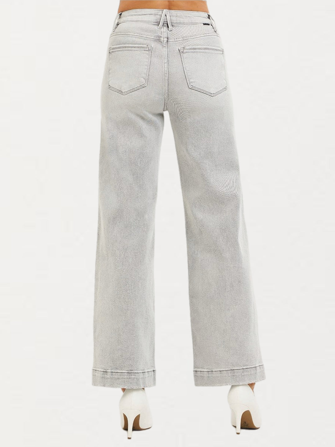 RISEN High-Rise Wide Leg Ankle Jeans in Light Grey