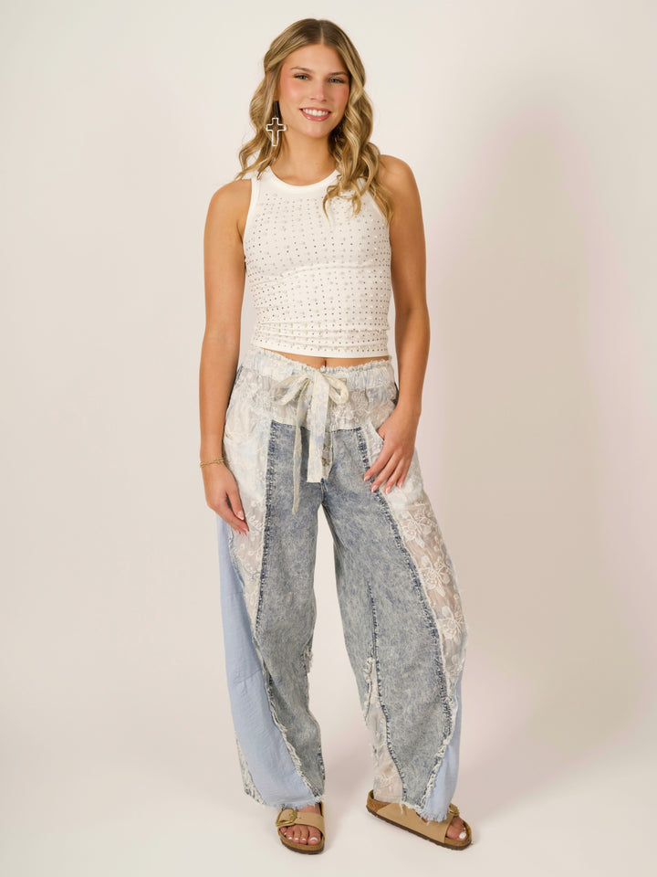 POL Boho High-Waist Wide-Leg Lace Patchwork Denim Pants