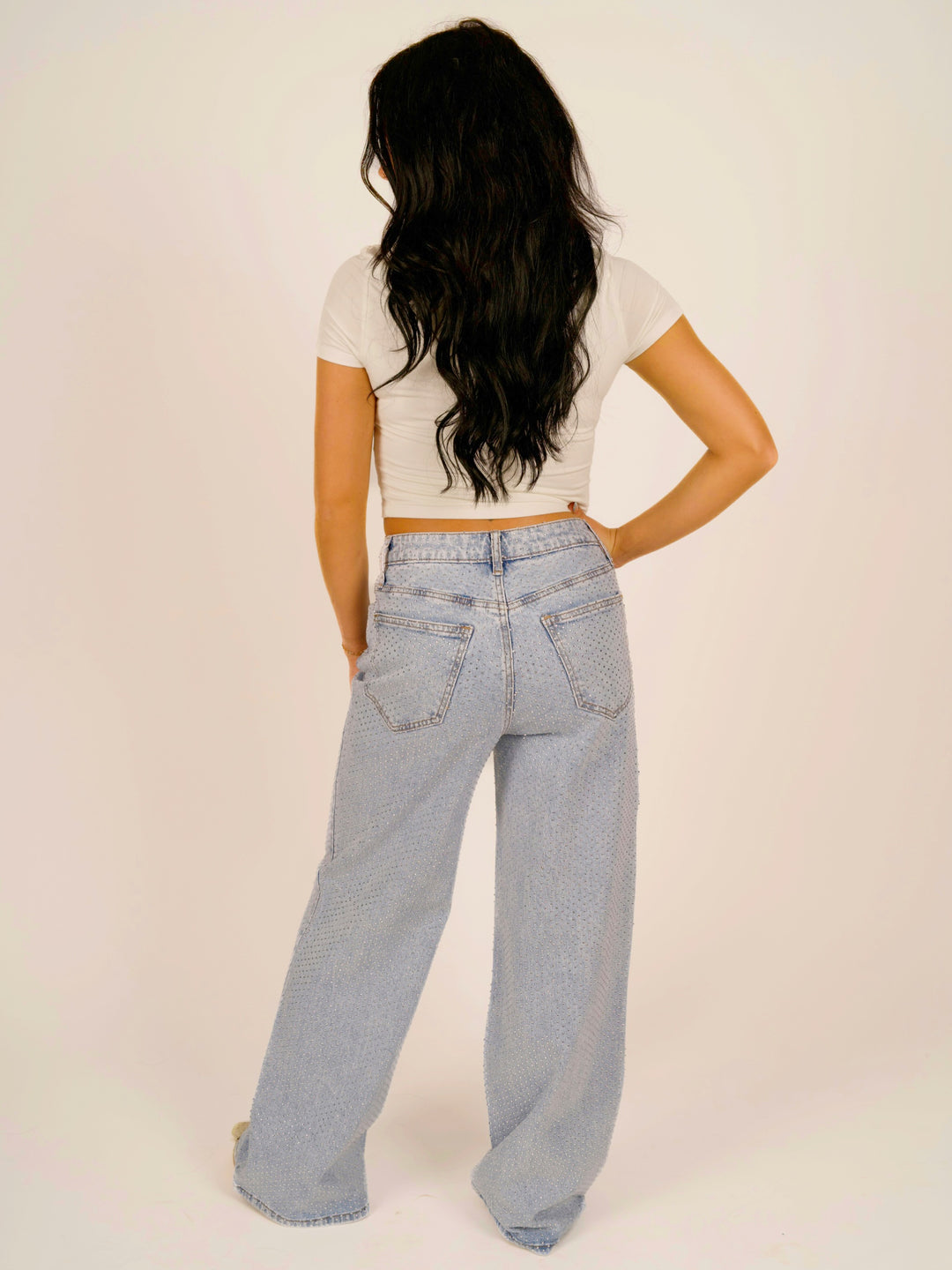 High-Rise Wide-Leg All-Over Rhinestone Jeans