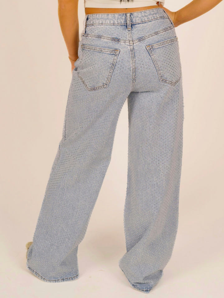 High-Rise Wide-Leg All-Over Rhinestone Jeans
