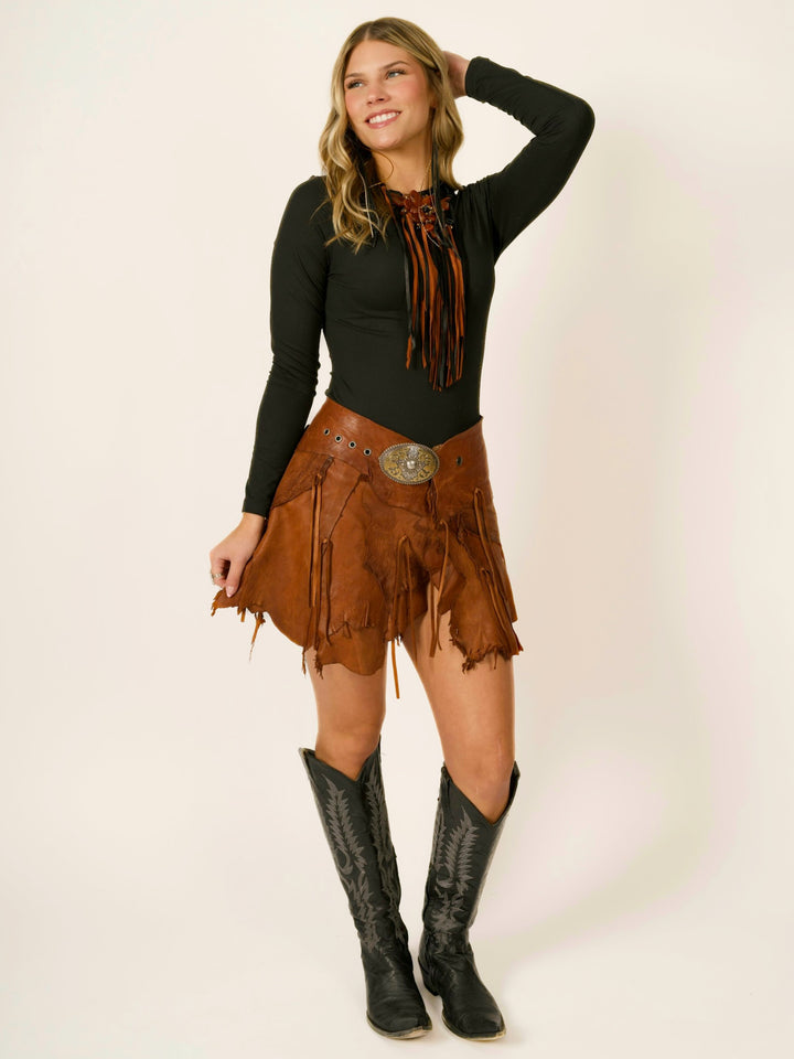 Belt Buckle Deerskin Leather Fringe Wrap Mini Skirt